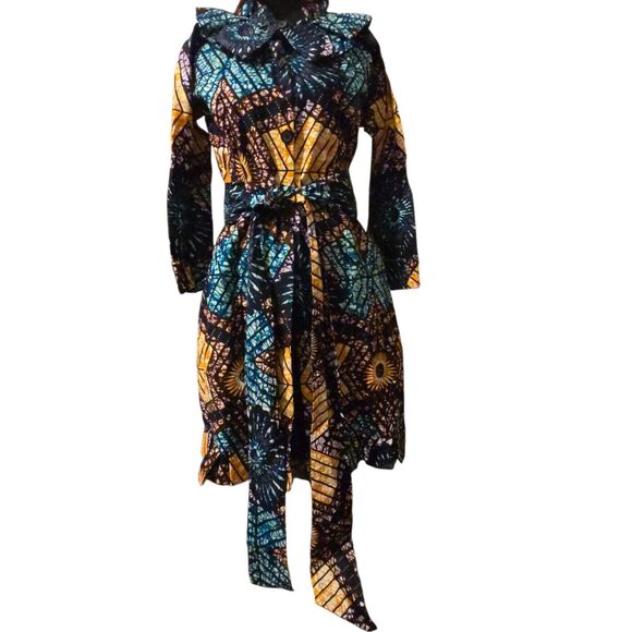 Natal Jacket Small Colorful Artsy Uganda Bold Belted Pockets Ruffled Collar - Picture 1 of 4